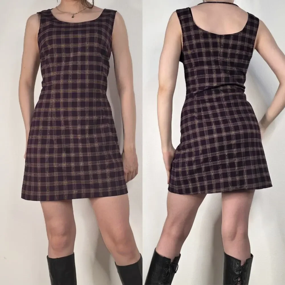 Vintage 90s Purple Plaid Mini Dress Dark Academia Grunge Size Large
